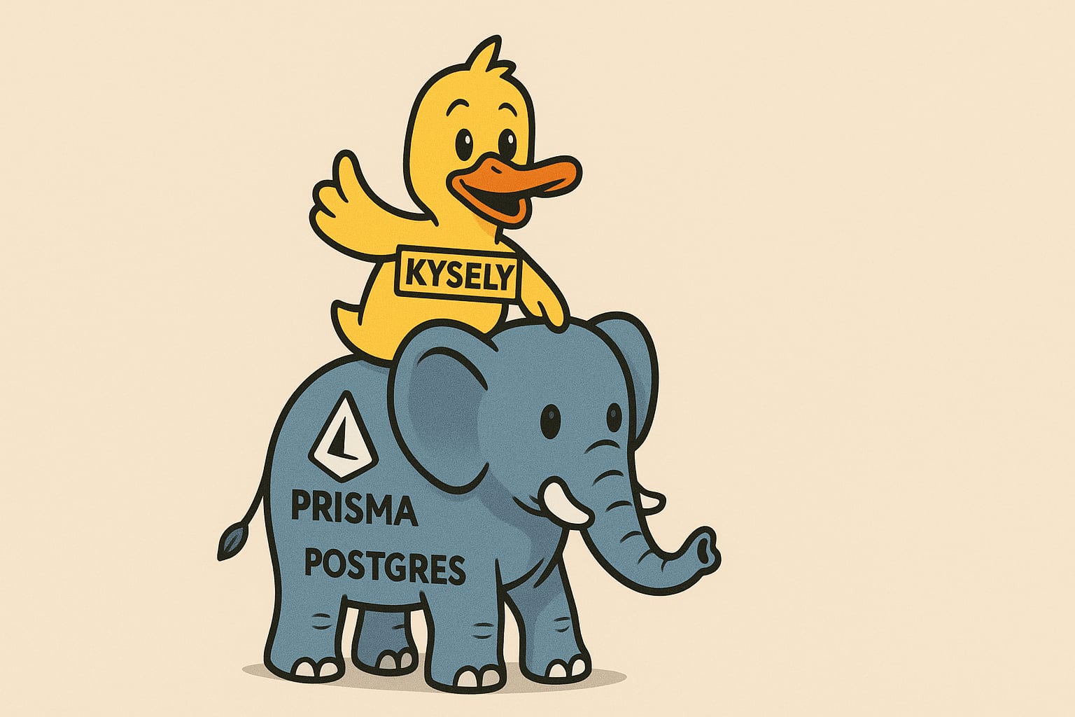 A Kysely-branded yellow duck riding a Prisma Postgres branded grey elephant