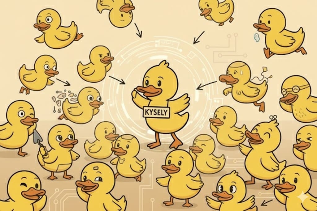 A Kysely-branded yellow duck and its many replications