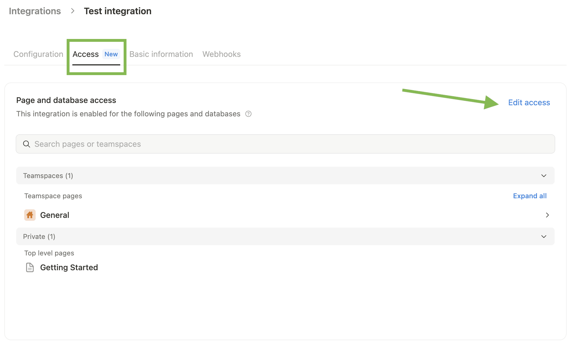 Integration Access tab