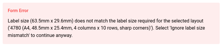 Error selected layout size does not match