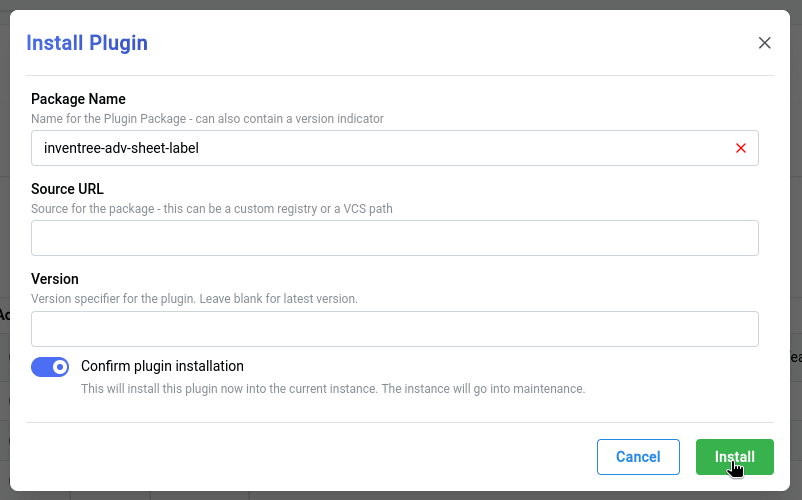 Plugin installation via UI: The "Install Plugin" modal window