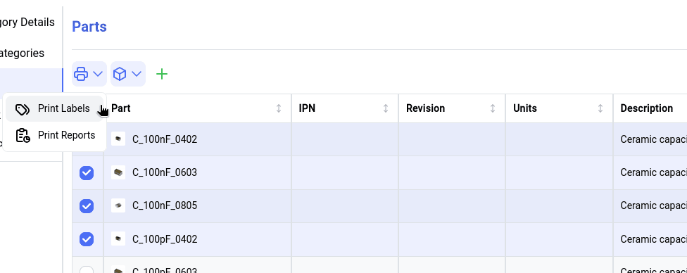 Selection of multiple items to print labels for