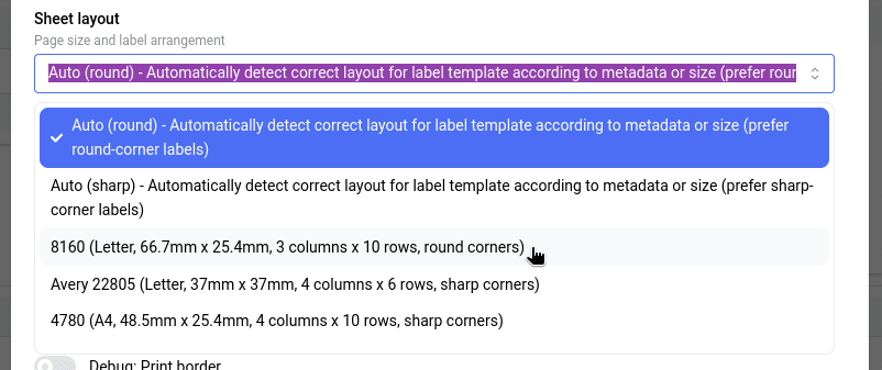 "Sheet layout" dropdown in open state, with various layout options shown