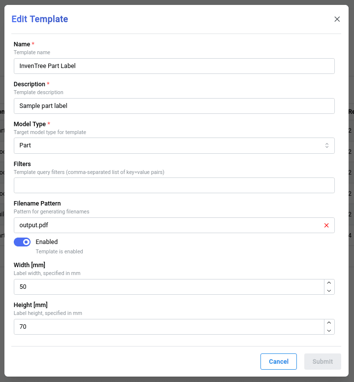 Example template configuration screenshot