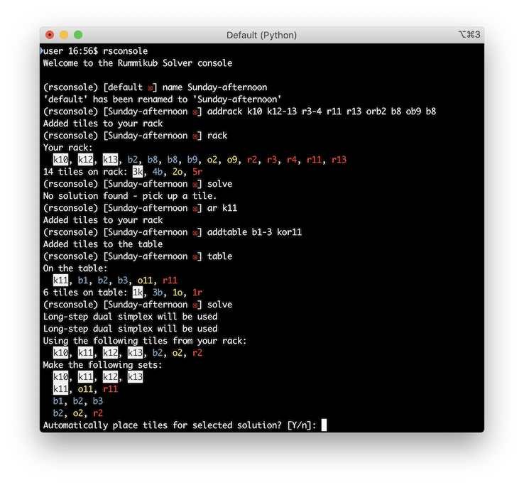 screenshot of a macOS terminal window with a Rummikub Console session in progress
