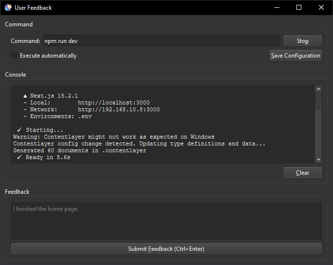 Screenshot showing the feedback UI