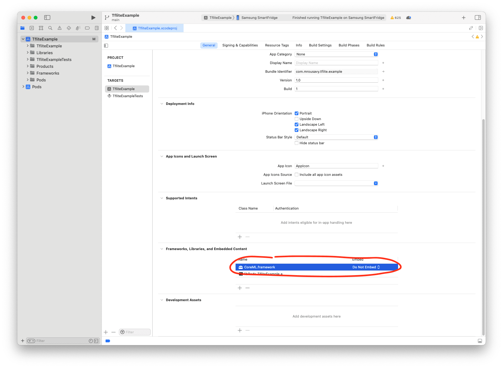 Xcode  xcodeproj  General  Frameworks, Libraries and Embedded Content  CoreML