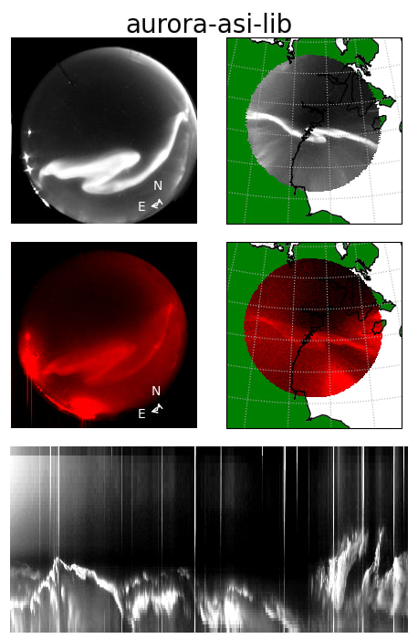 An asilib collage showing fisheye images, mapped images, and a keogram from the THEMIS and REGO imagers at RANK.