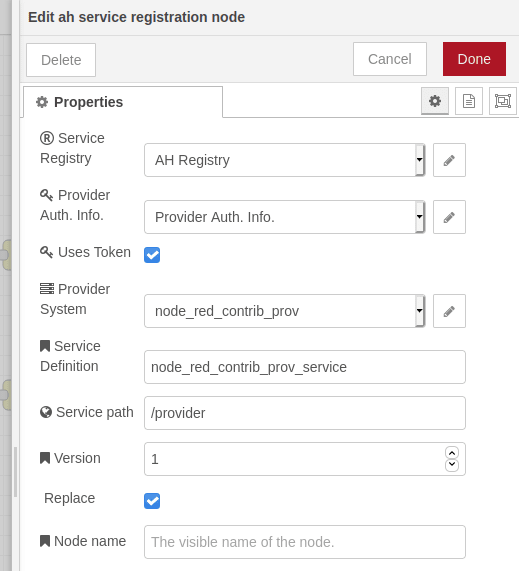 Arrowhead Service Registration node configuration.