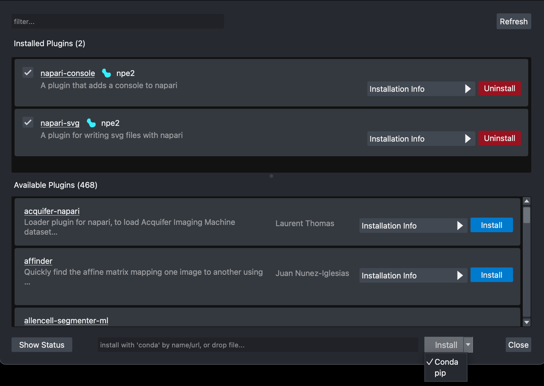 Screenshot of the napari-plugin-manager showing the direct entry options