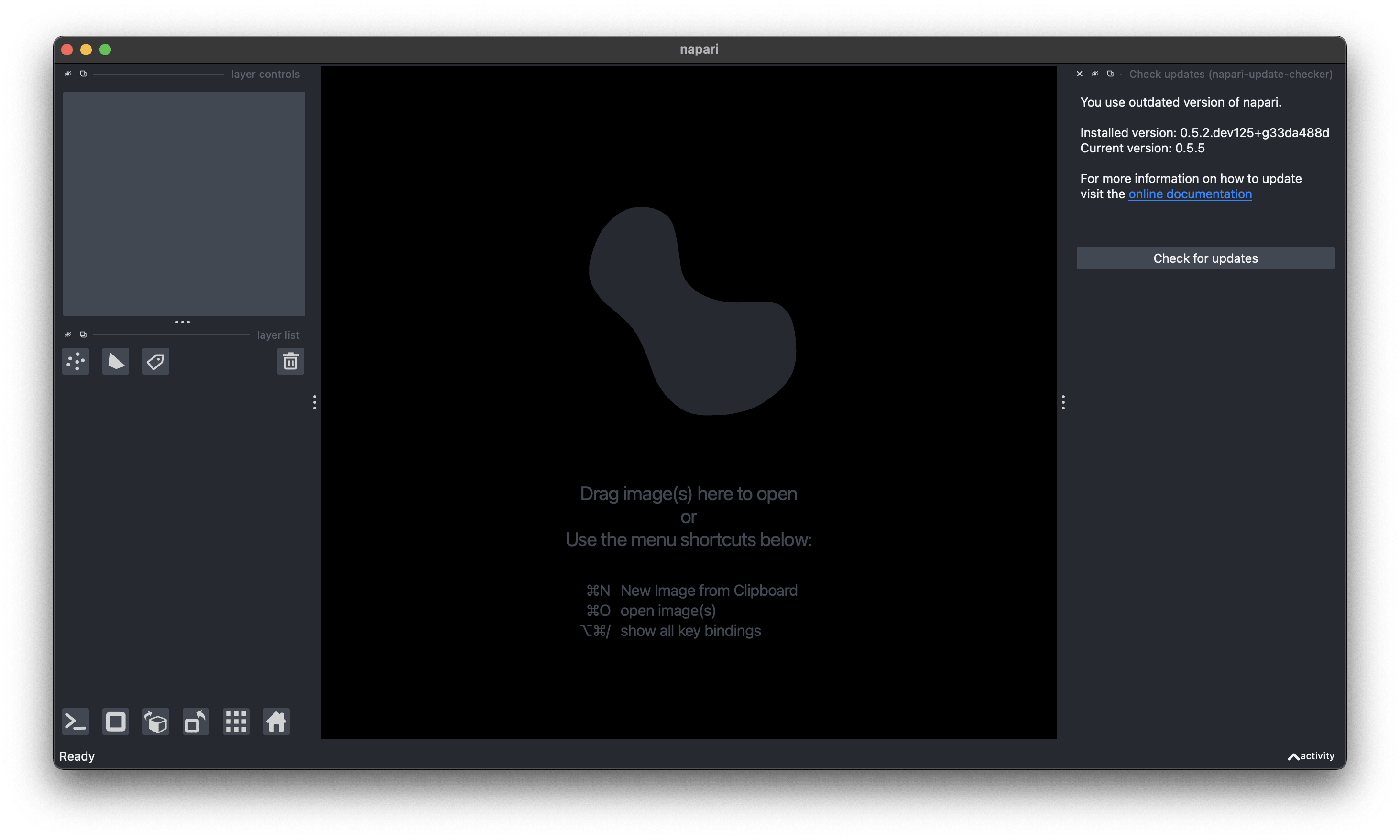 Screenshot of the napari-update-checker interface, showcasing the plugin