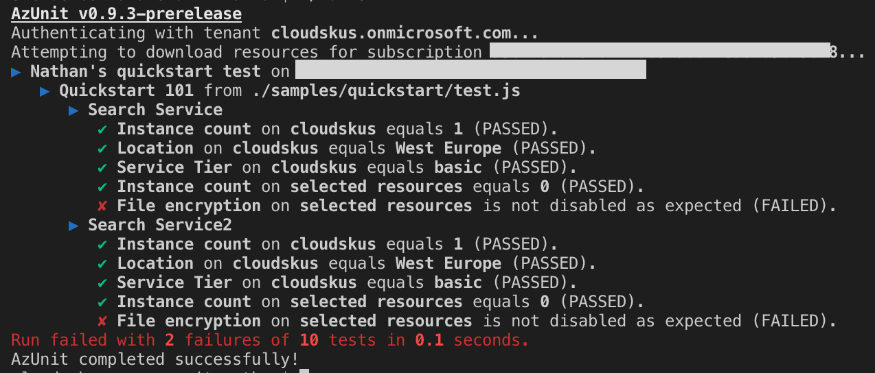 Console output of an AzUnit run