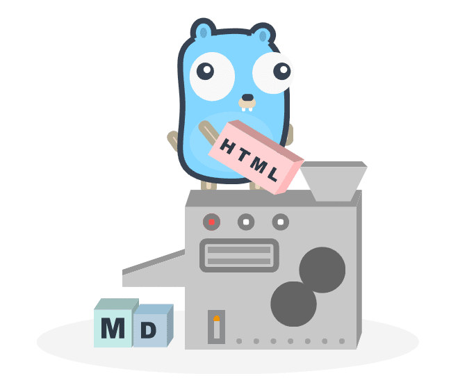 gopher stading on top of a machine that converts a box of html to blocks of markdown