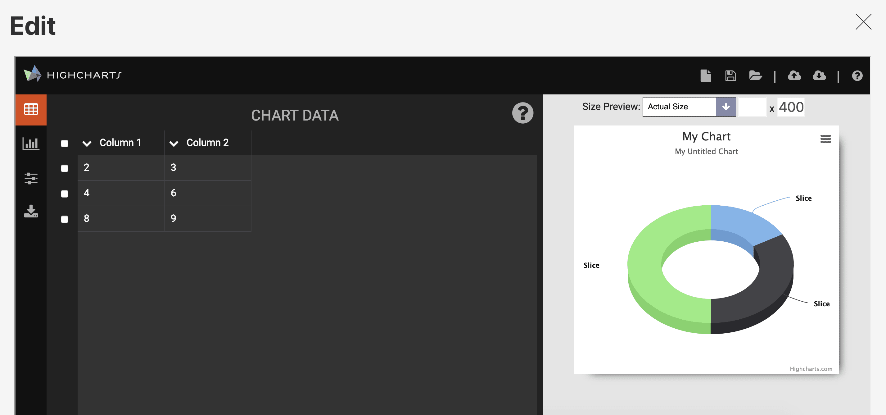 Screenshot of Highcharts Editor in action