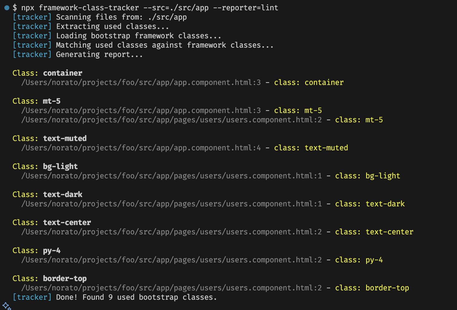 Framework Class Tracker Output