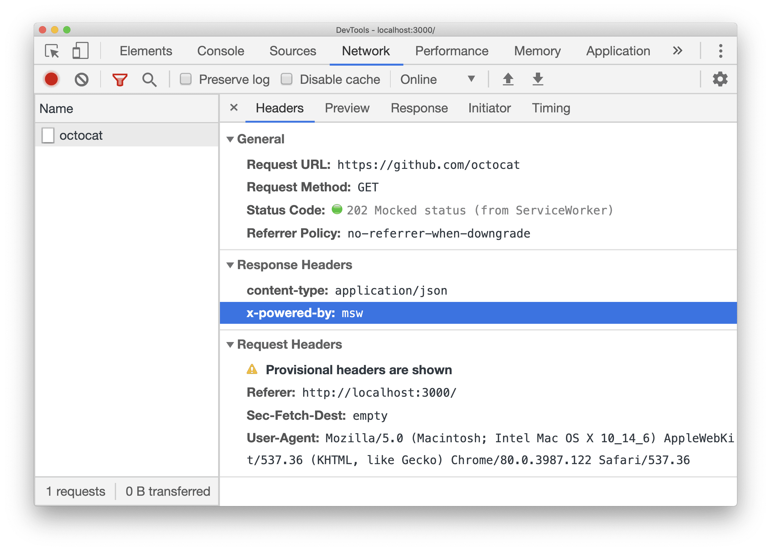 Chrome DevTools Network screenshot with the request mocked