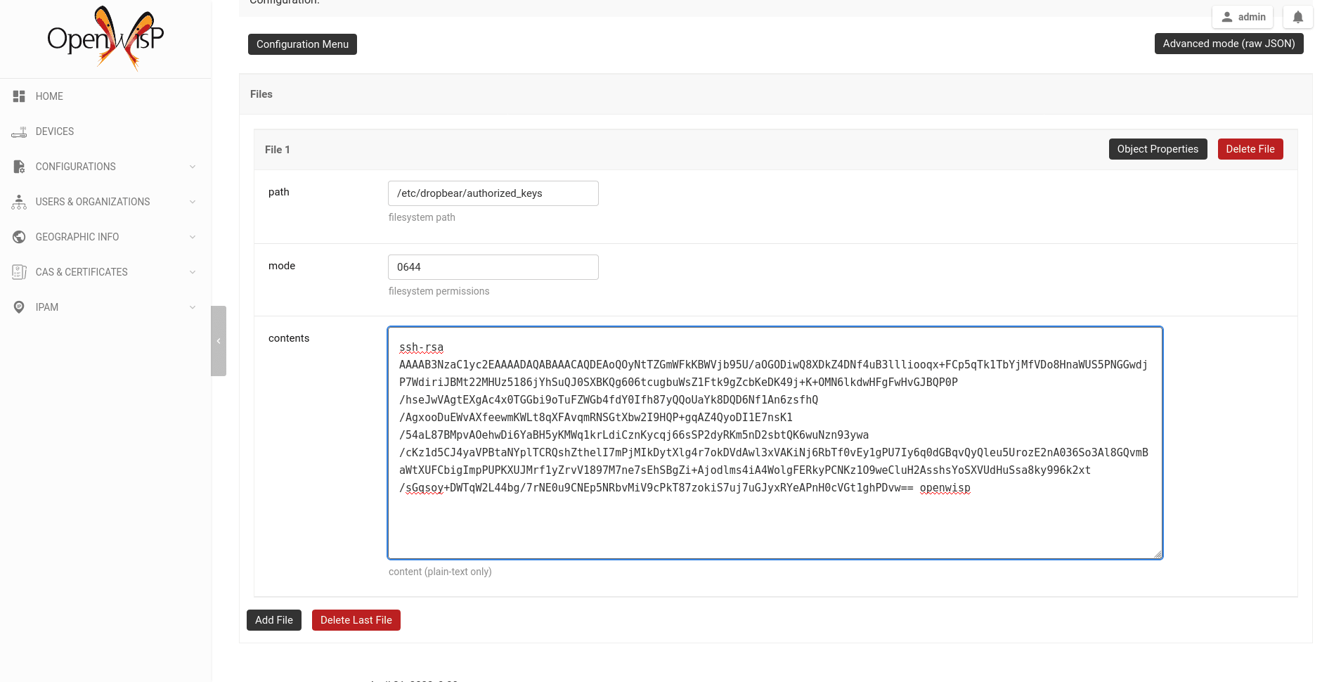 Add authorized SSH public keys template to OpenWISP (OpenWRT)