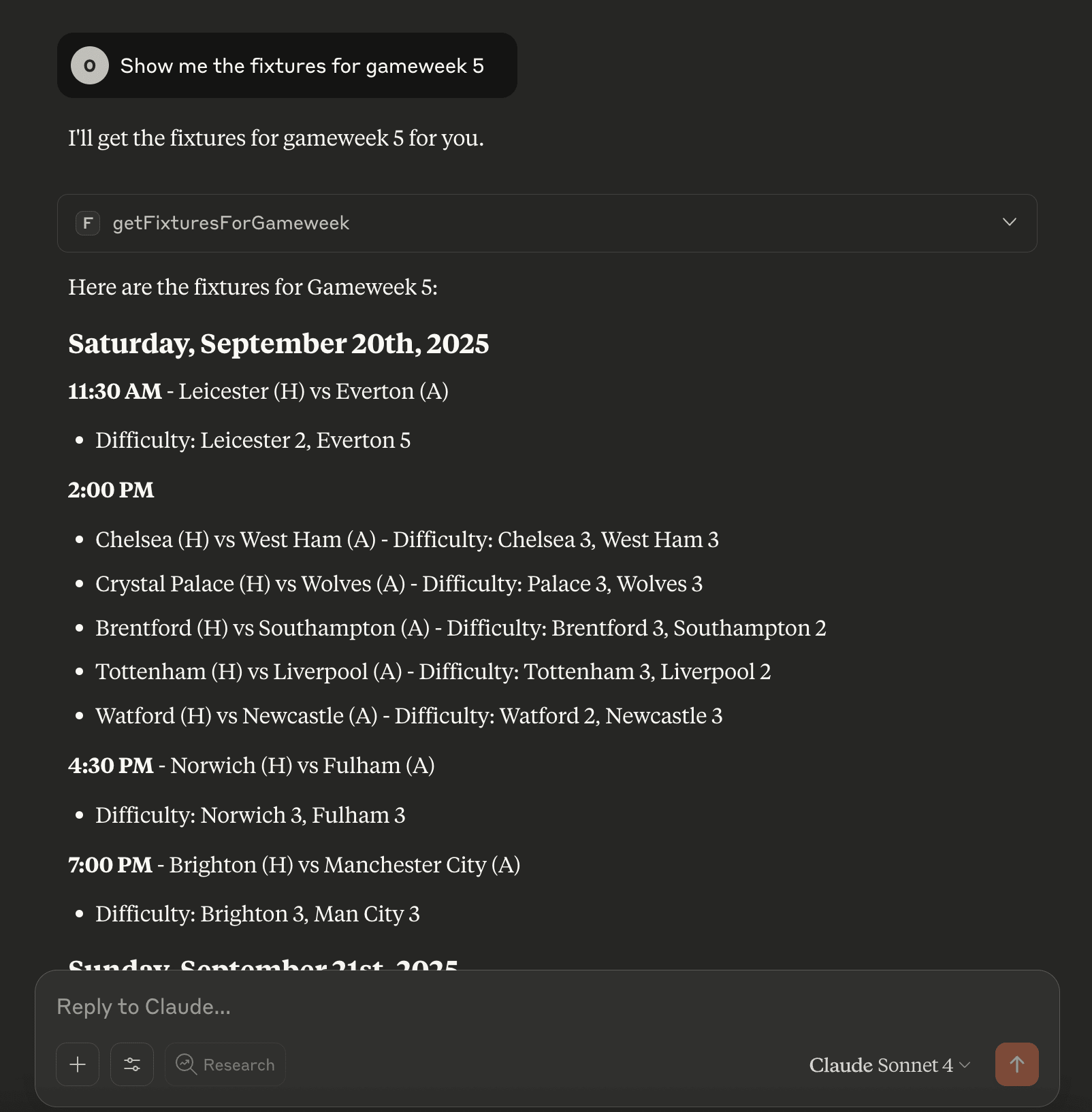 Screenshot of Claude Desktop using FPL MCP server