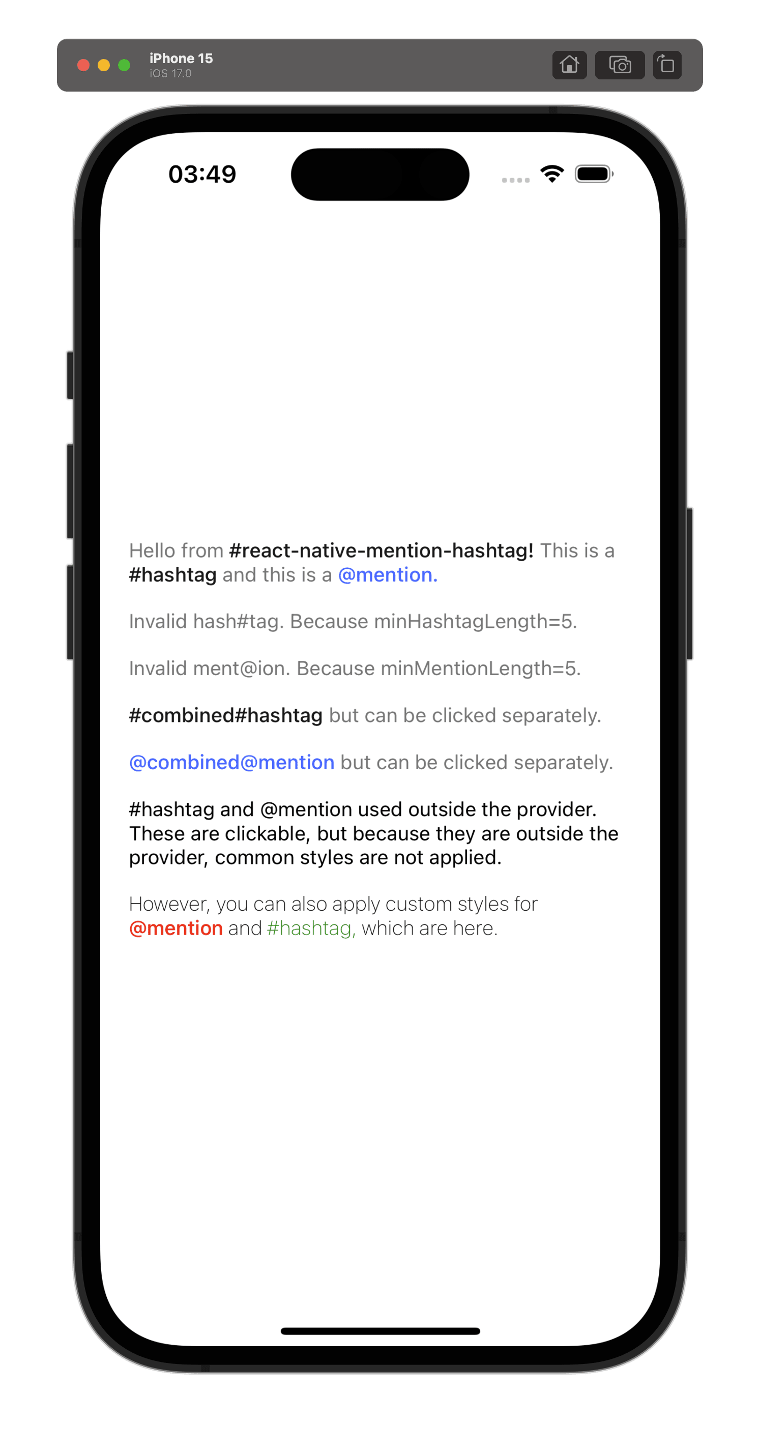 React Native Mention Hashtag Screenshot