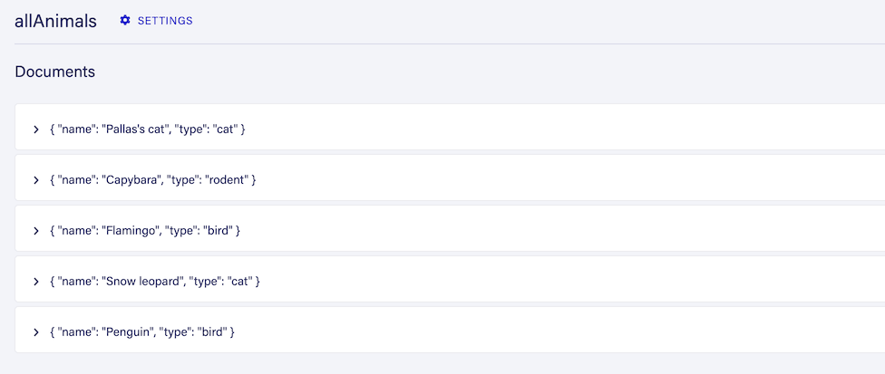 Screenshot of index and results in the Fauna Console