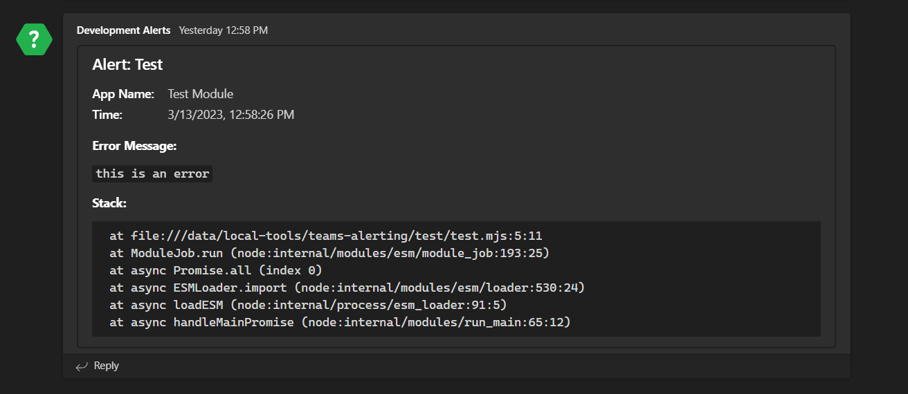 An error object being logged