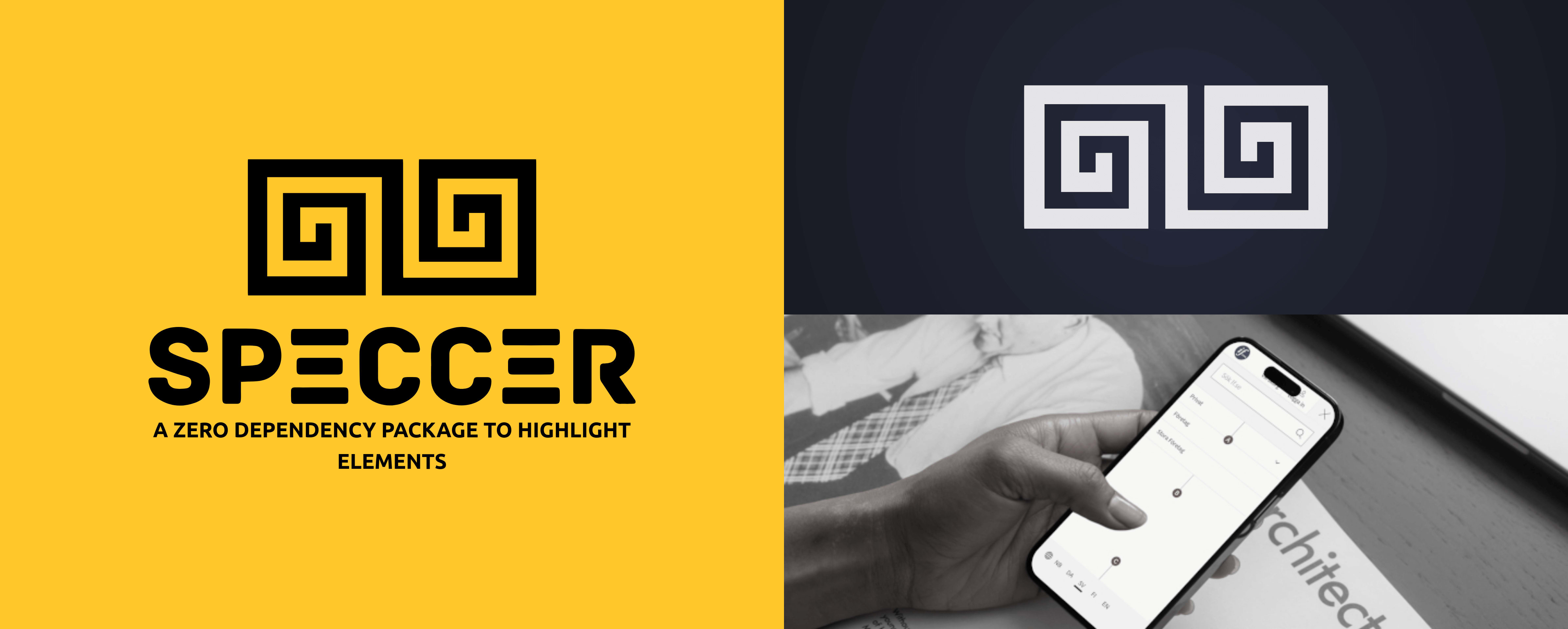 Speccer hero, with logo and slogan: A zero dependency package to annotate or highlight elements