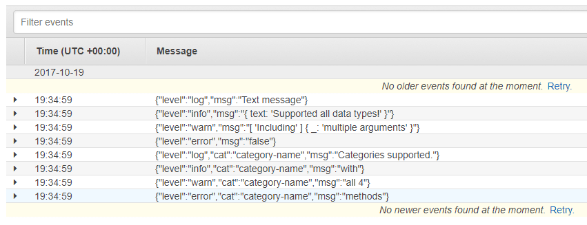 AWS CloudWatch logs screen