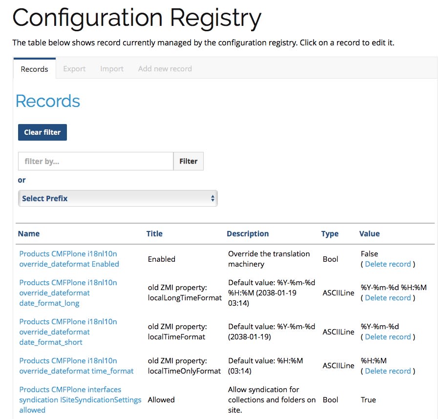 The Configuration Registry control
panel