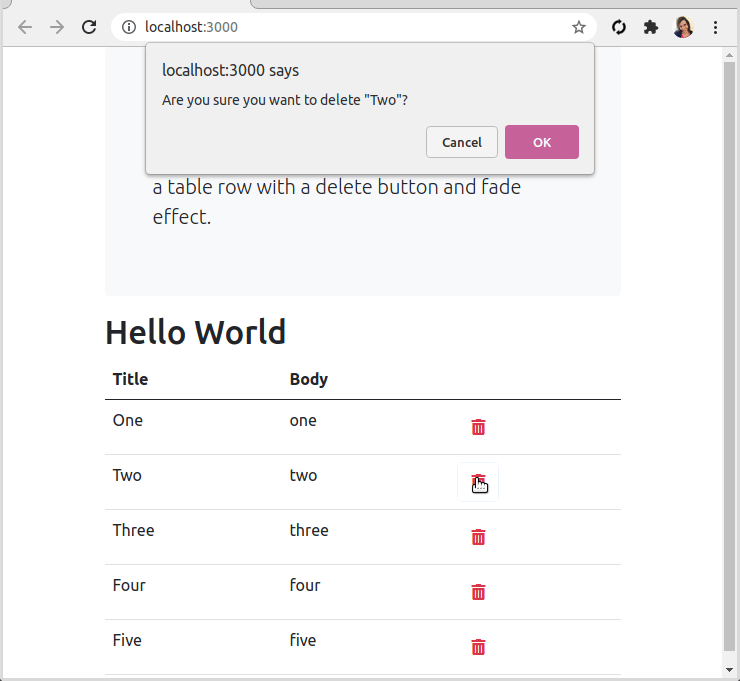 ReactJs component for deleting a row in a table with a fade effect.