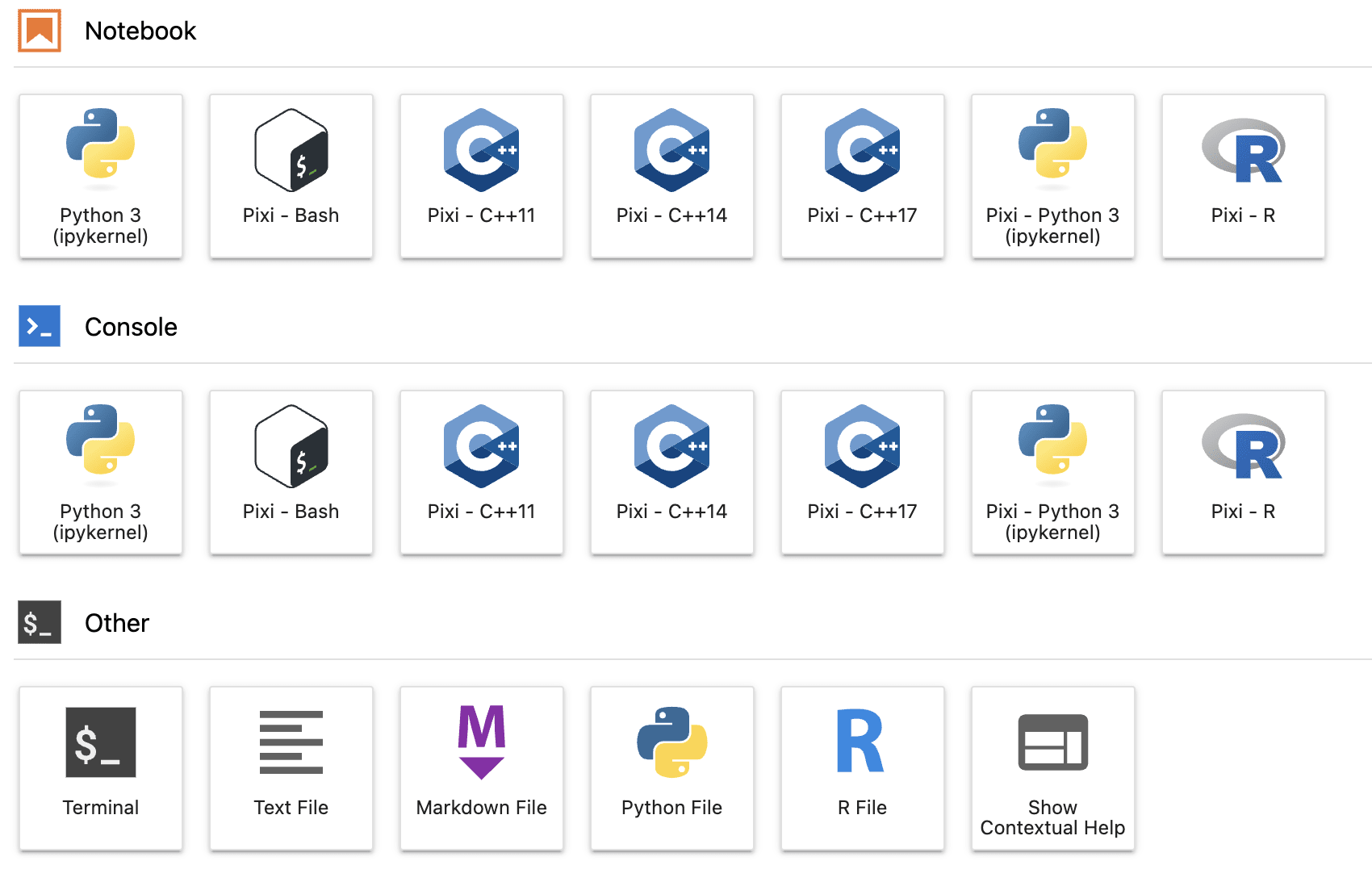 JupyterLab launcher screen showing Pixi kernel