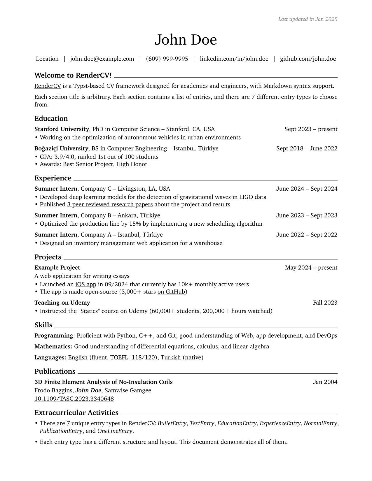 Engineeringresumes Theme Example of RenderCV
