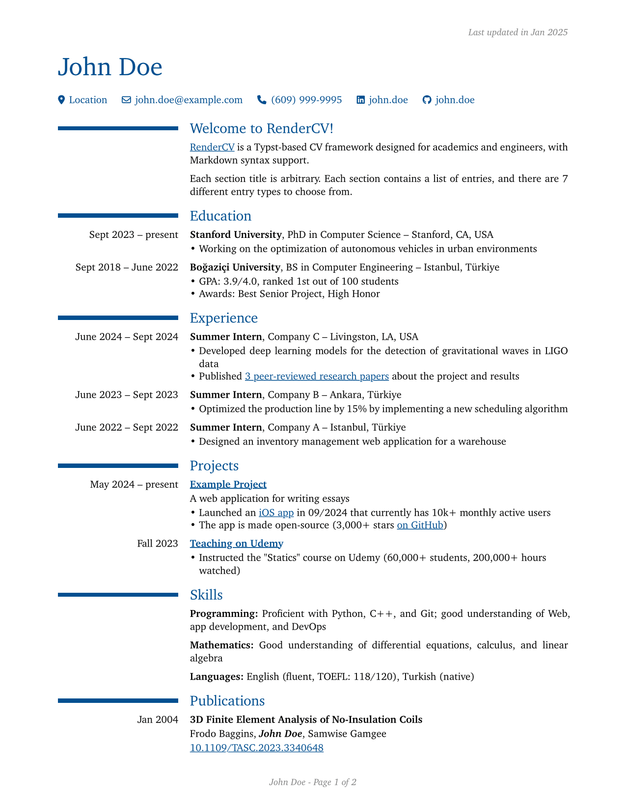 Moderncv Theme Example of RenderCV