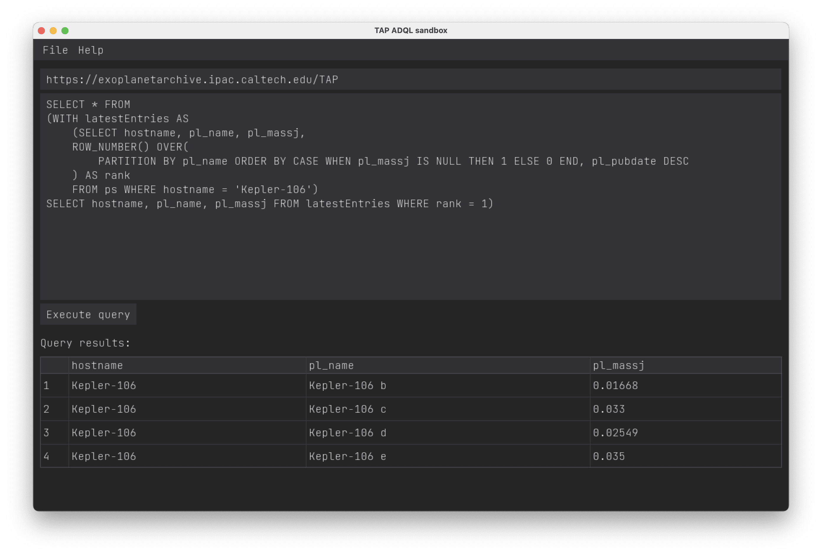 TAP ADQL sandbox application window