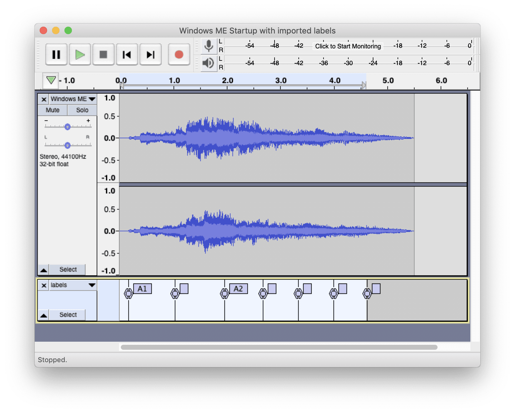 Transcribe! 7 with example file “Windows ME Startup.xsc” open