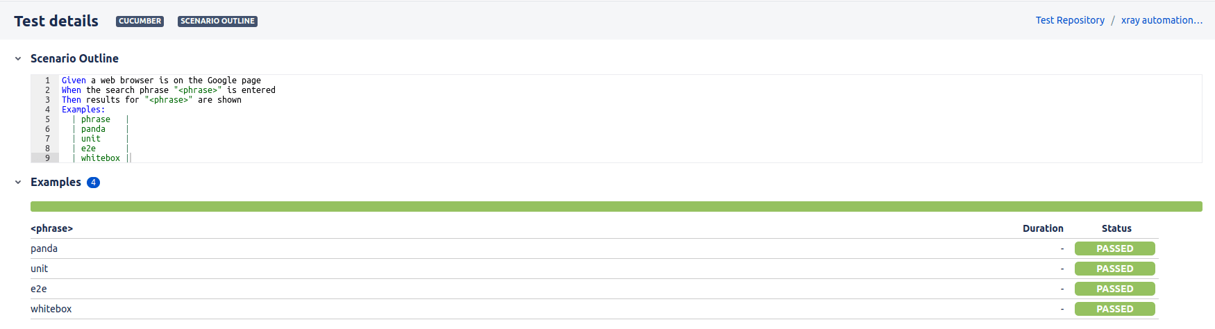 Test Execution view of Cucumber scenario outline