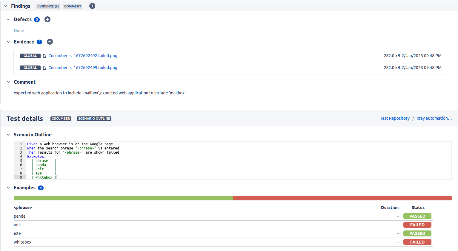 Test Execution view of failed cucumber scenario outline