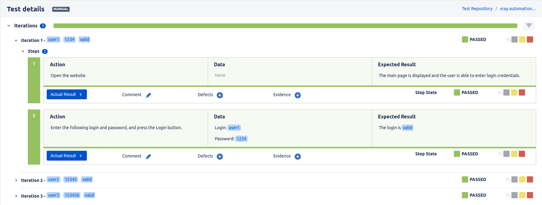 Test Execution view of Manual test with iterations