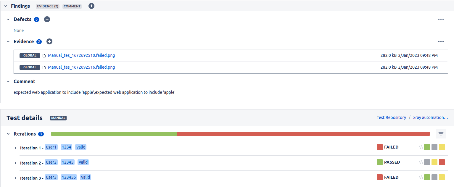 Test Execution view of failed manual with iterations test