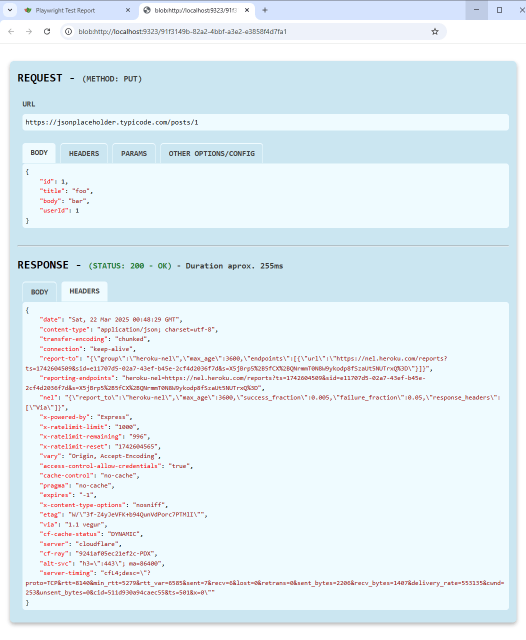 Details of an API request, along with its response, are included as an attachment in the HTML Report