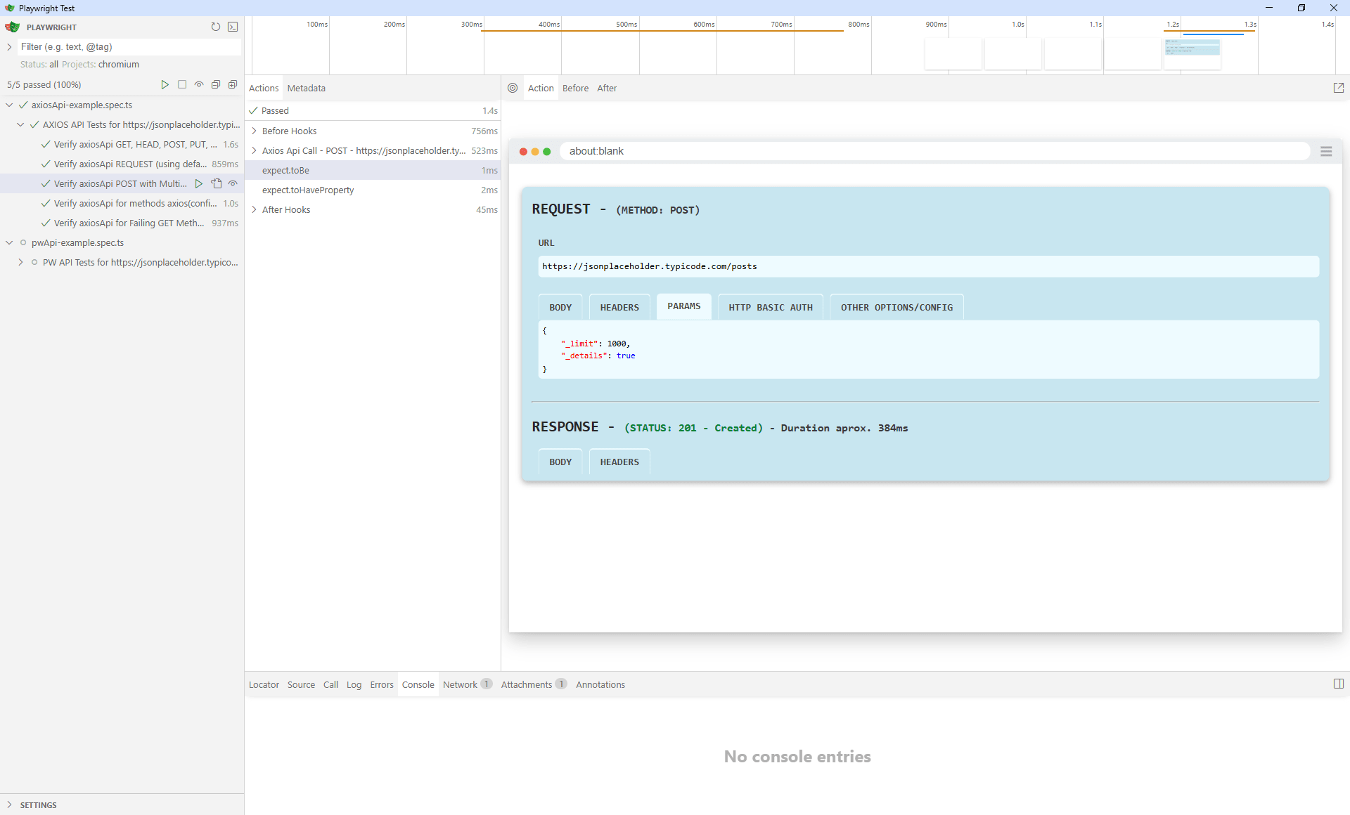 Overview and detailed information about API requests in Axios, including additional tabs