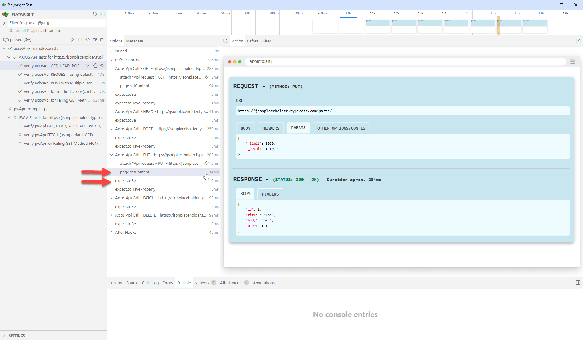 Overview and details of API requests and responses presented in the Playwright UI