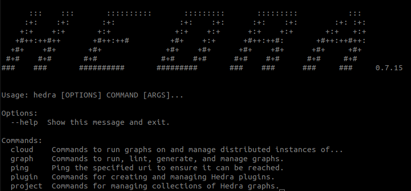 Output of the hedra --help command