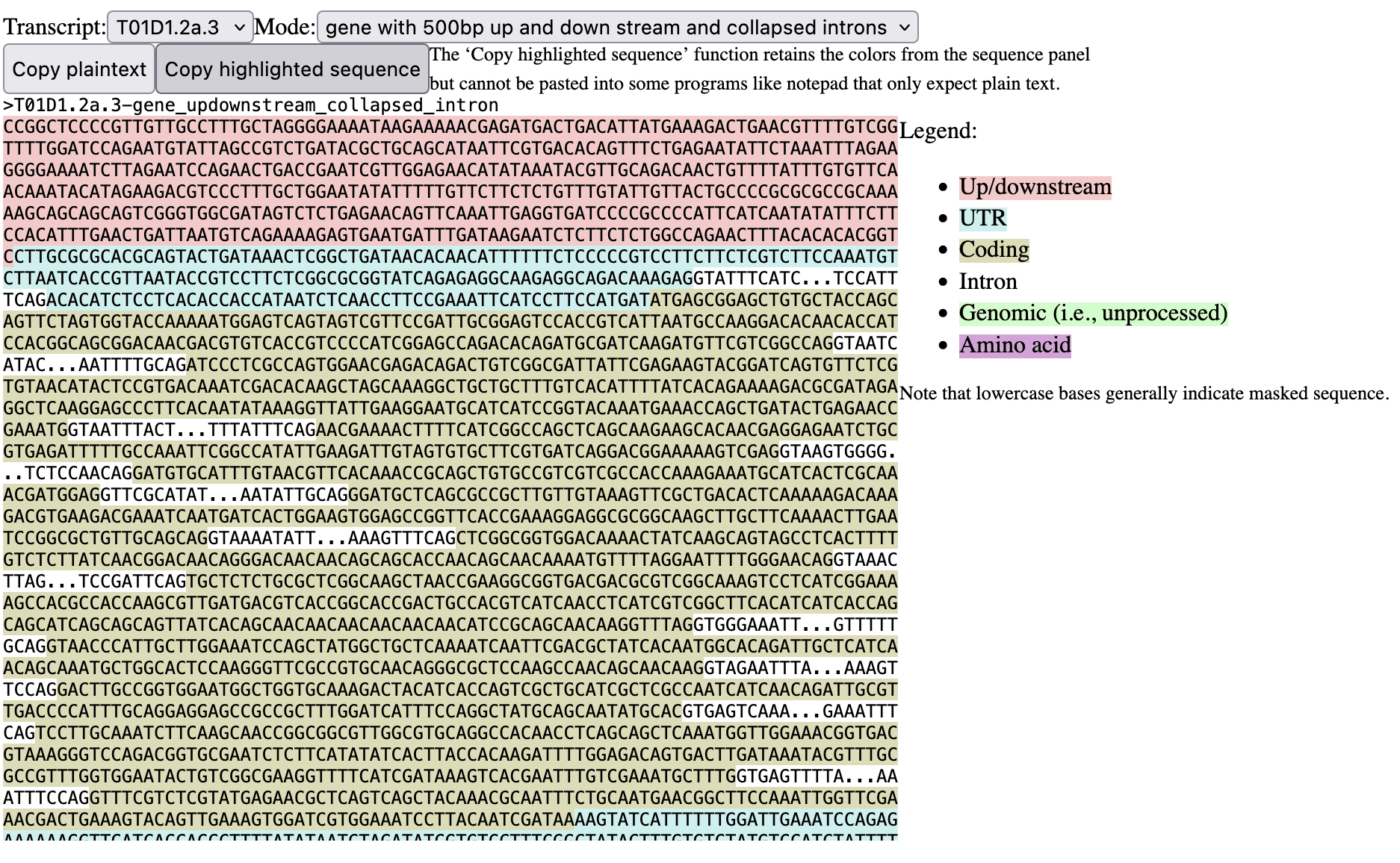 Screenshot of sample output showing a few dozen rows of fasta sequence with color highlighting