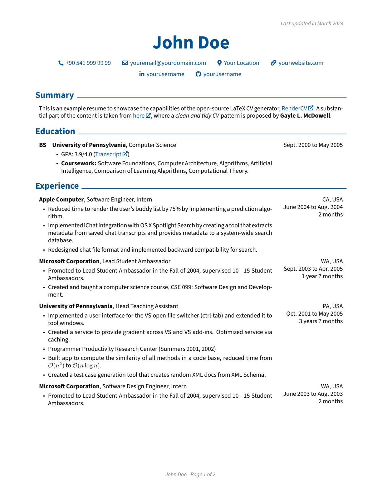 Classic Theme Example of RenderCV