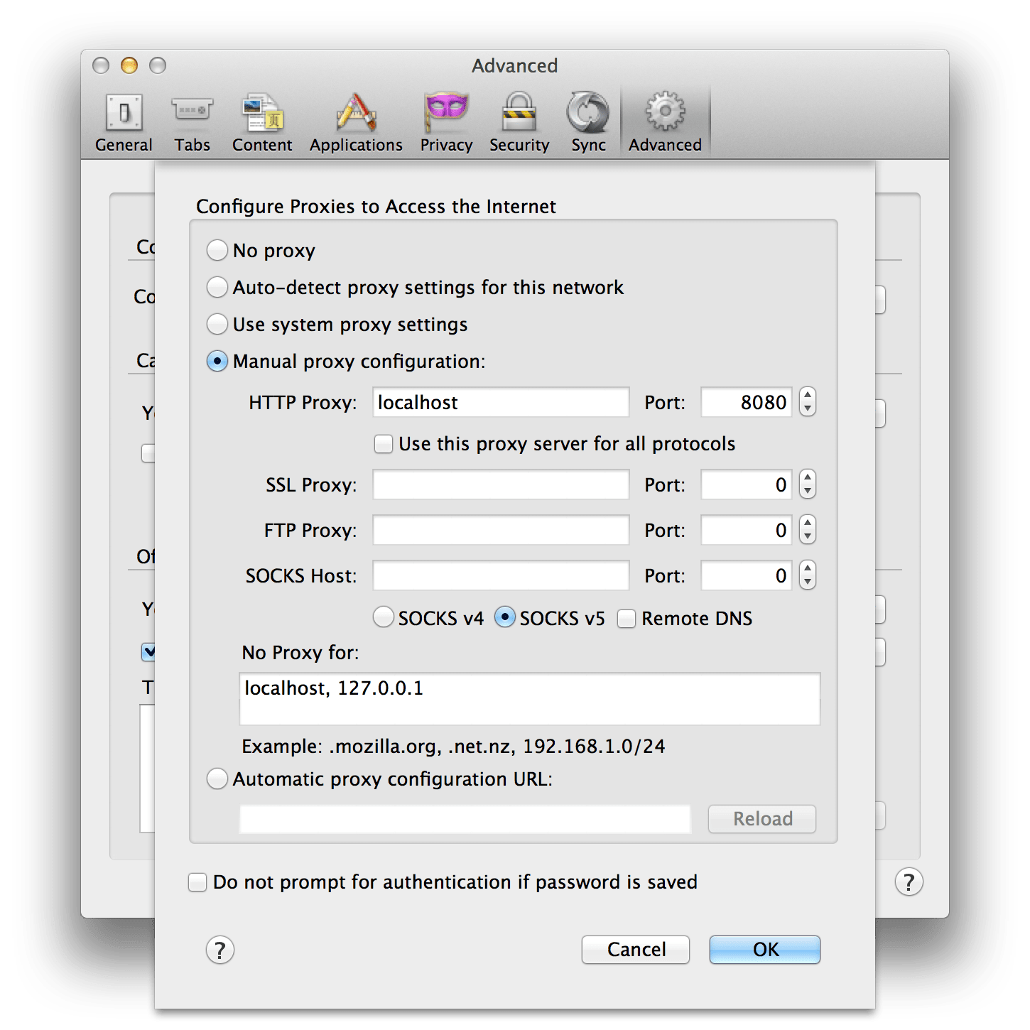 Firefox proxy settings