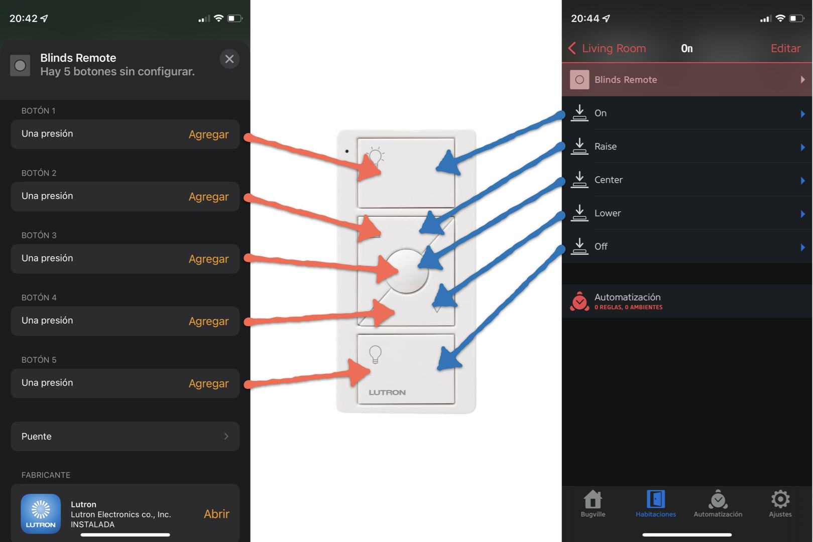 iOS Home App and Eve app screenshots showing arrows pointing from the button entries in the apps to the physical buttons on a picture of a pico remote