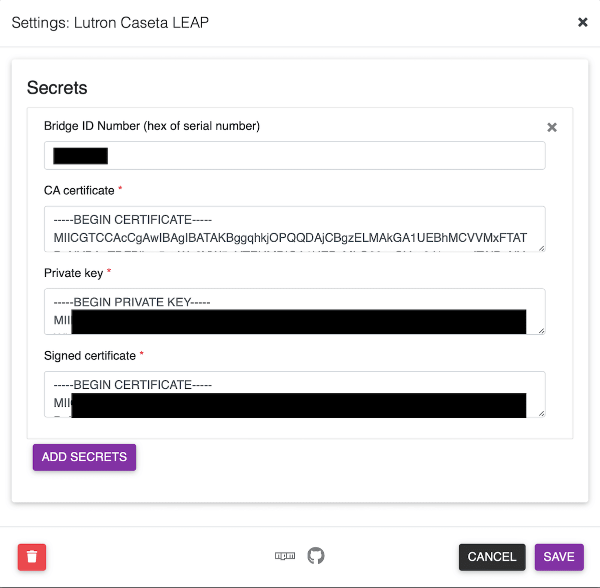 a screenshot of the configuration UI, with fields filled with the contents of certificate files