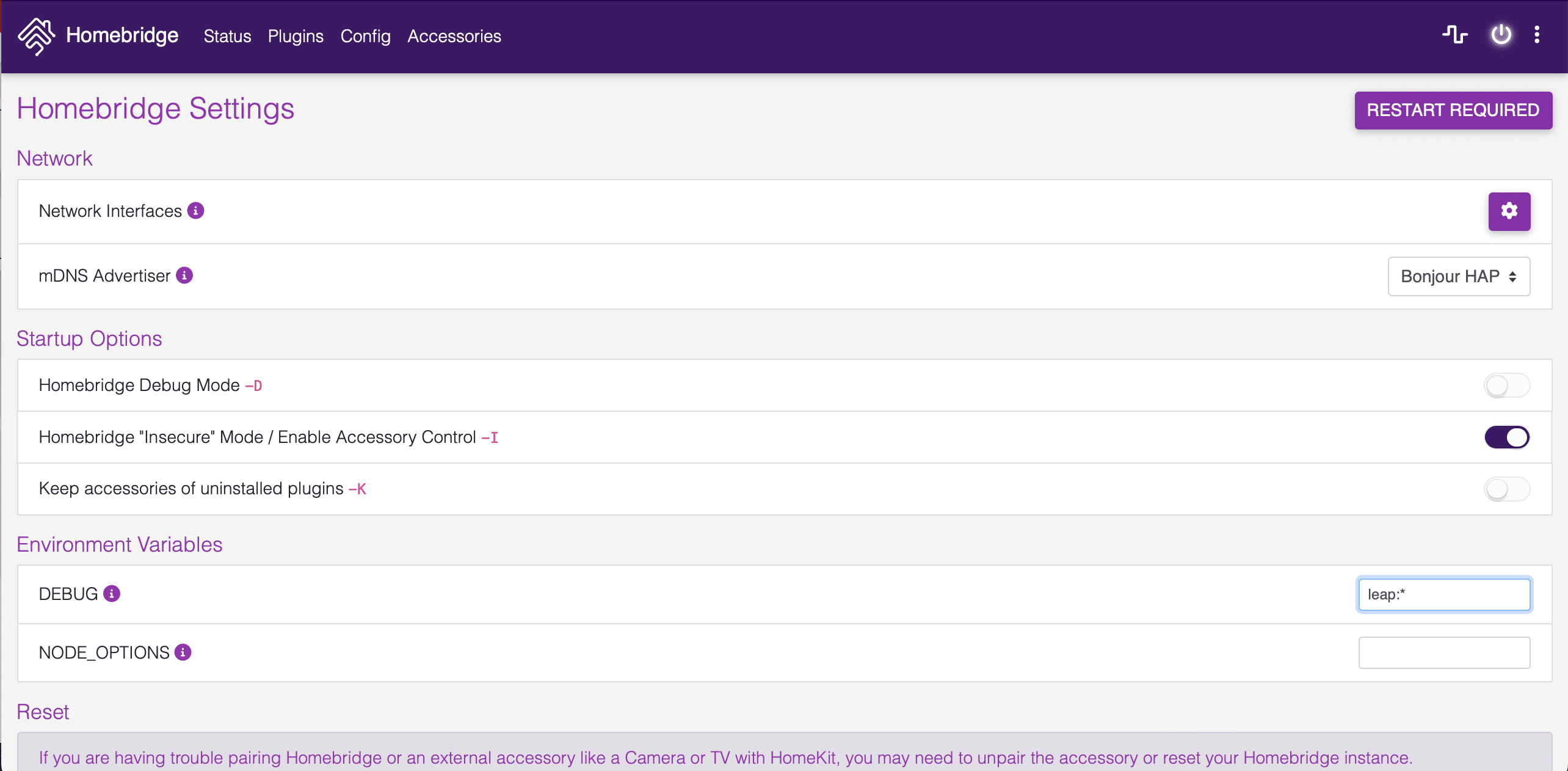 the Homebridge settings UI, with the DEBUG field filled