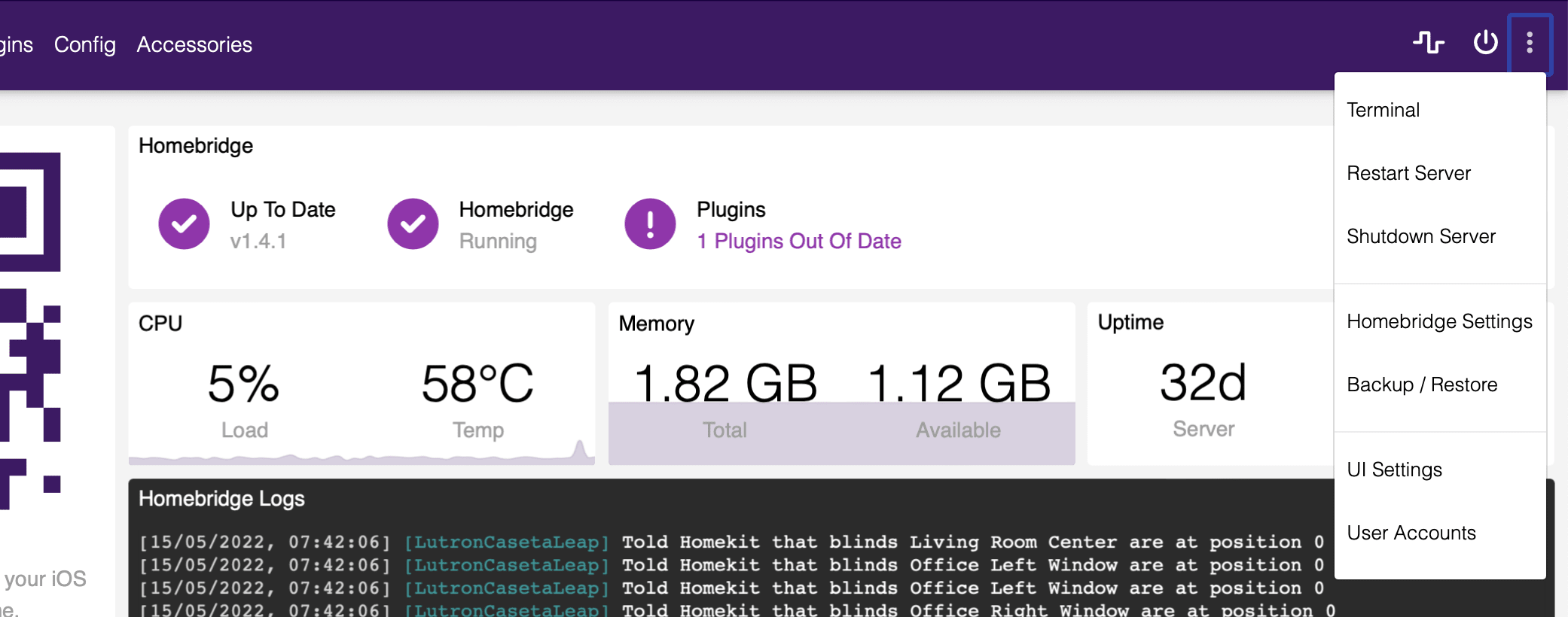 picture of the Homebridge UI, with the settings menu expanded