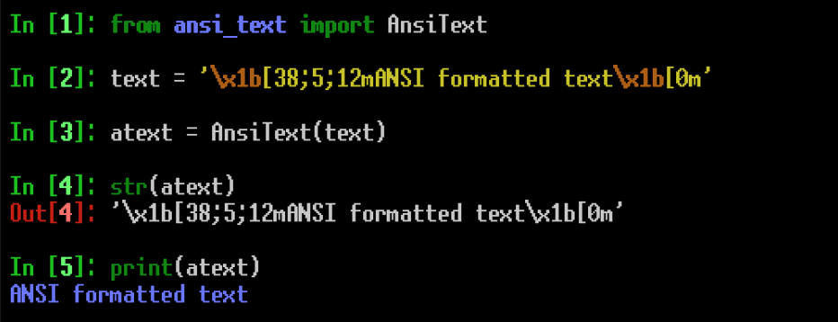 An AnsiText object reading text with ANSI escape sequences